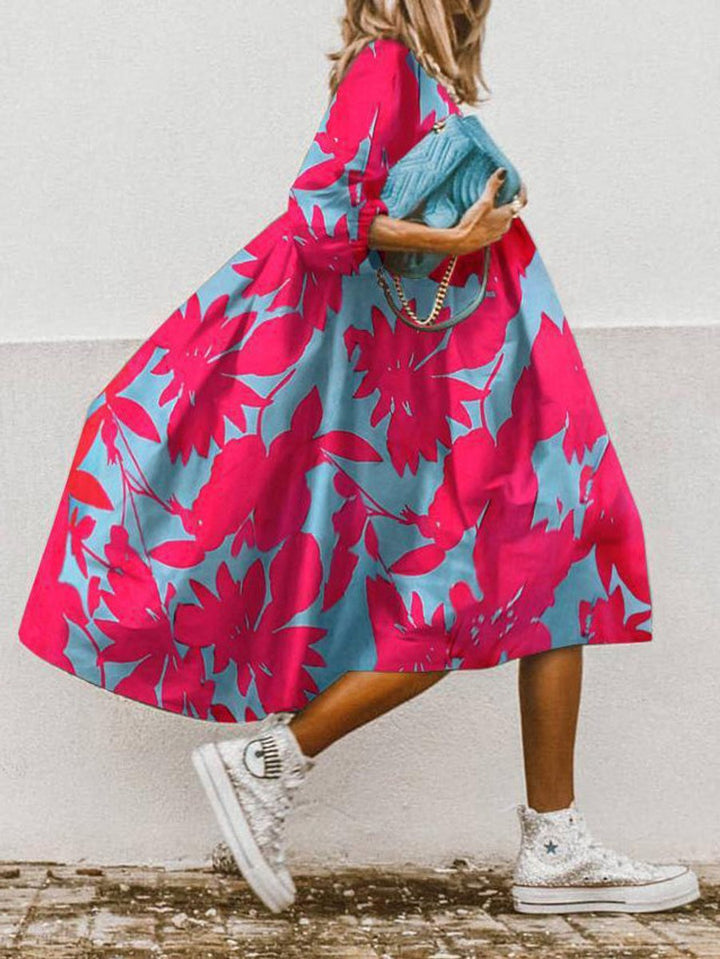 Women's Floral Print Half-Sleeve Swing Fall Midi Dress