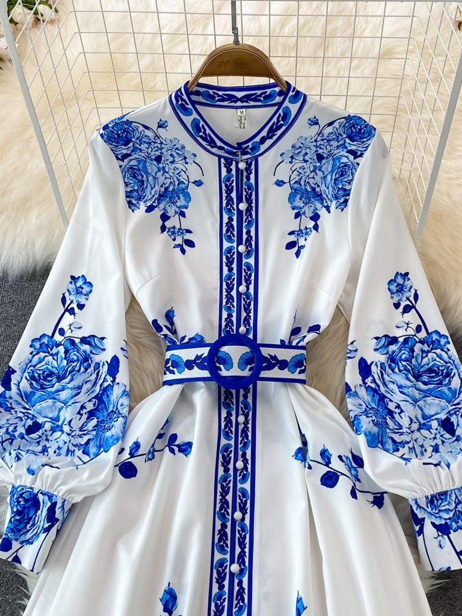 Women's Floral Print Lantern Sleeve Belted Fall Midi Dress