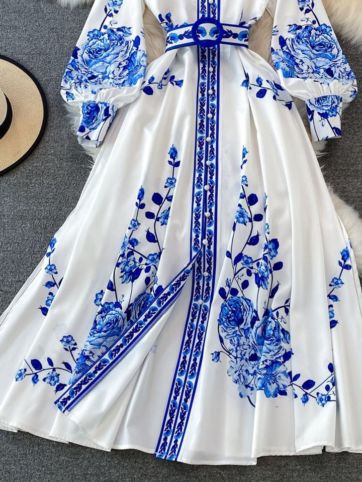 Women's Floral Print Lantern Sleeve Belted Fall Midi Dress
