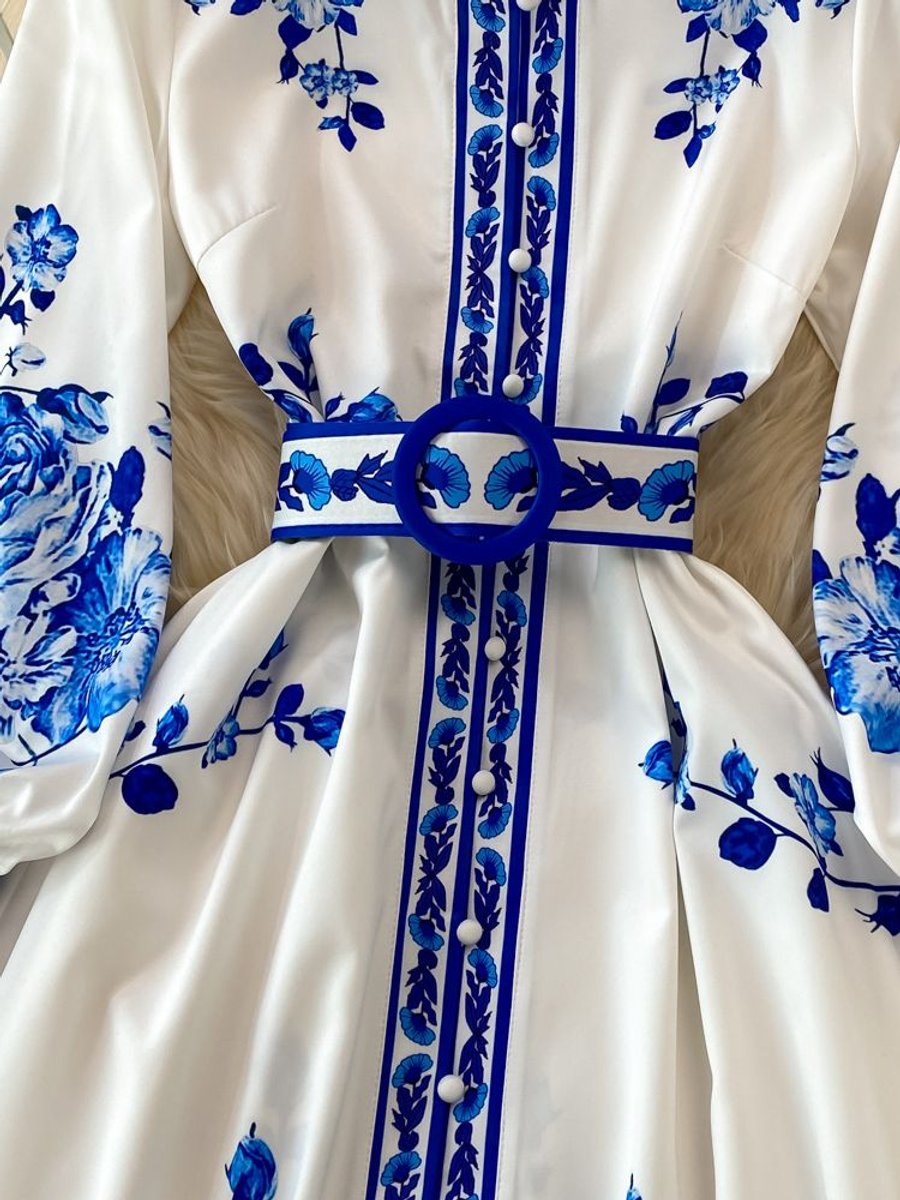 Women's Floral Print Lantern Sleeve Belted Fall Midi Dress