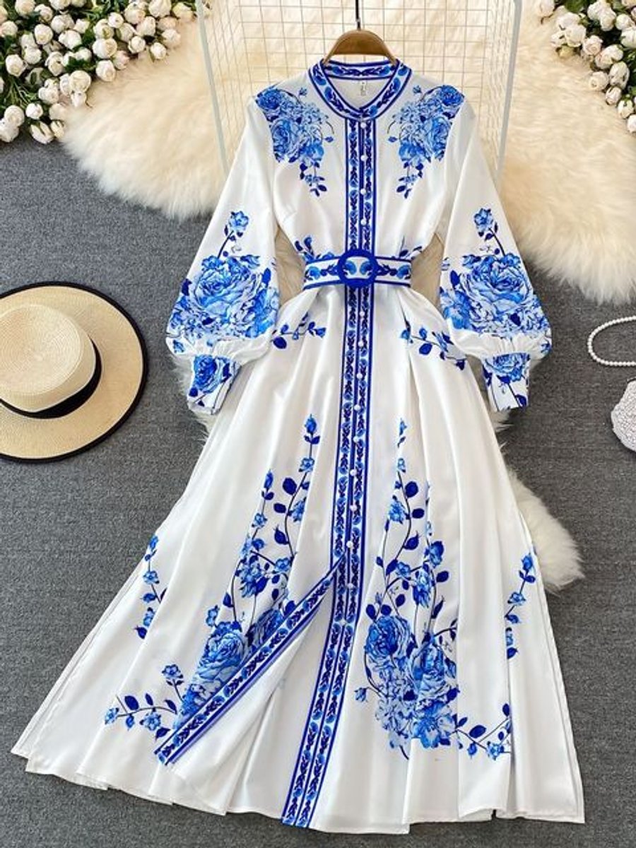 Women's Floral Print Lantern Sleeve Belted Fall Midi Dress