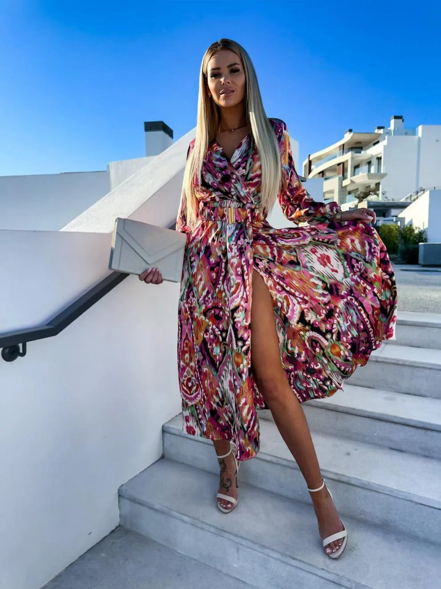 Women's Floral Print Long Sleeve High-Waist Fall Midi Dress