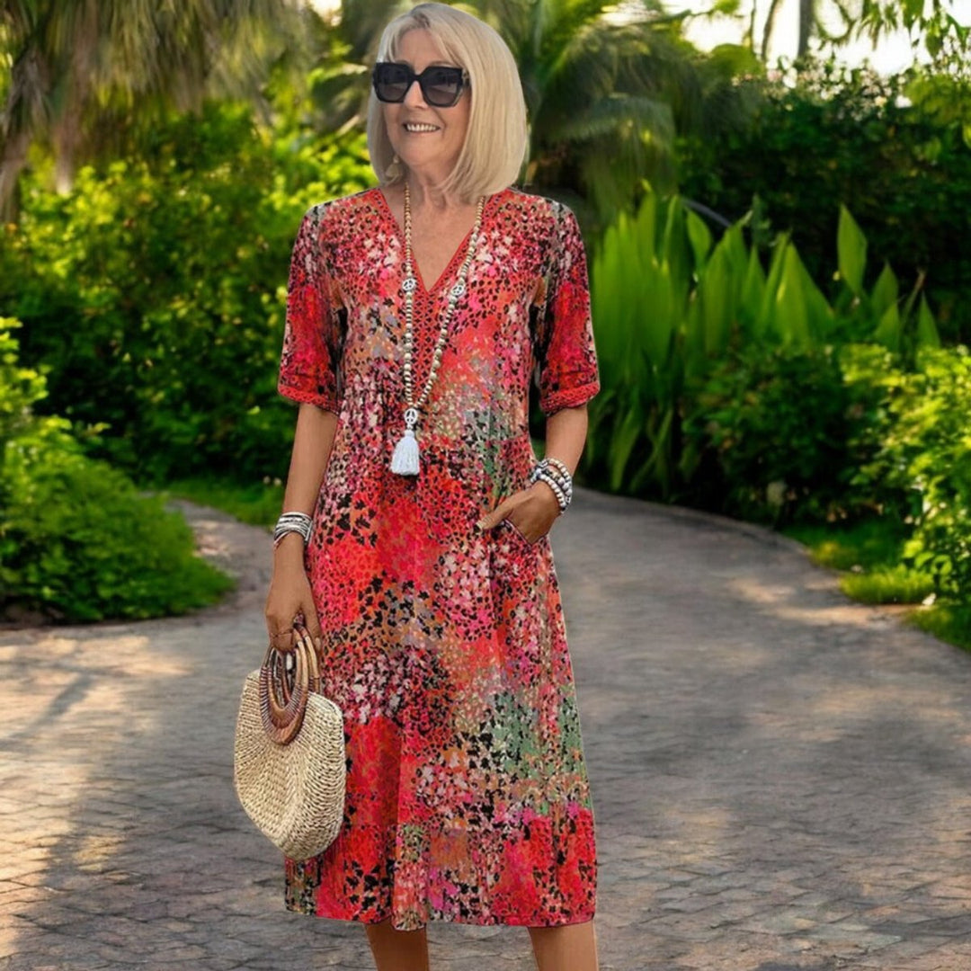 Women's Floral Print Loose-Fit V-Neck Fall Midi Dress