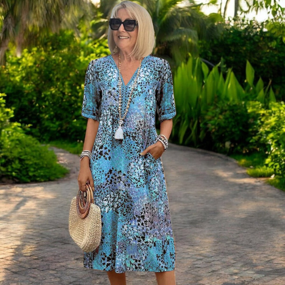 Women's Floral Print Loose-Fit V-Neck Fall Midi Dress