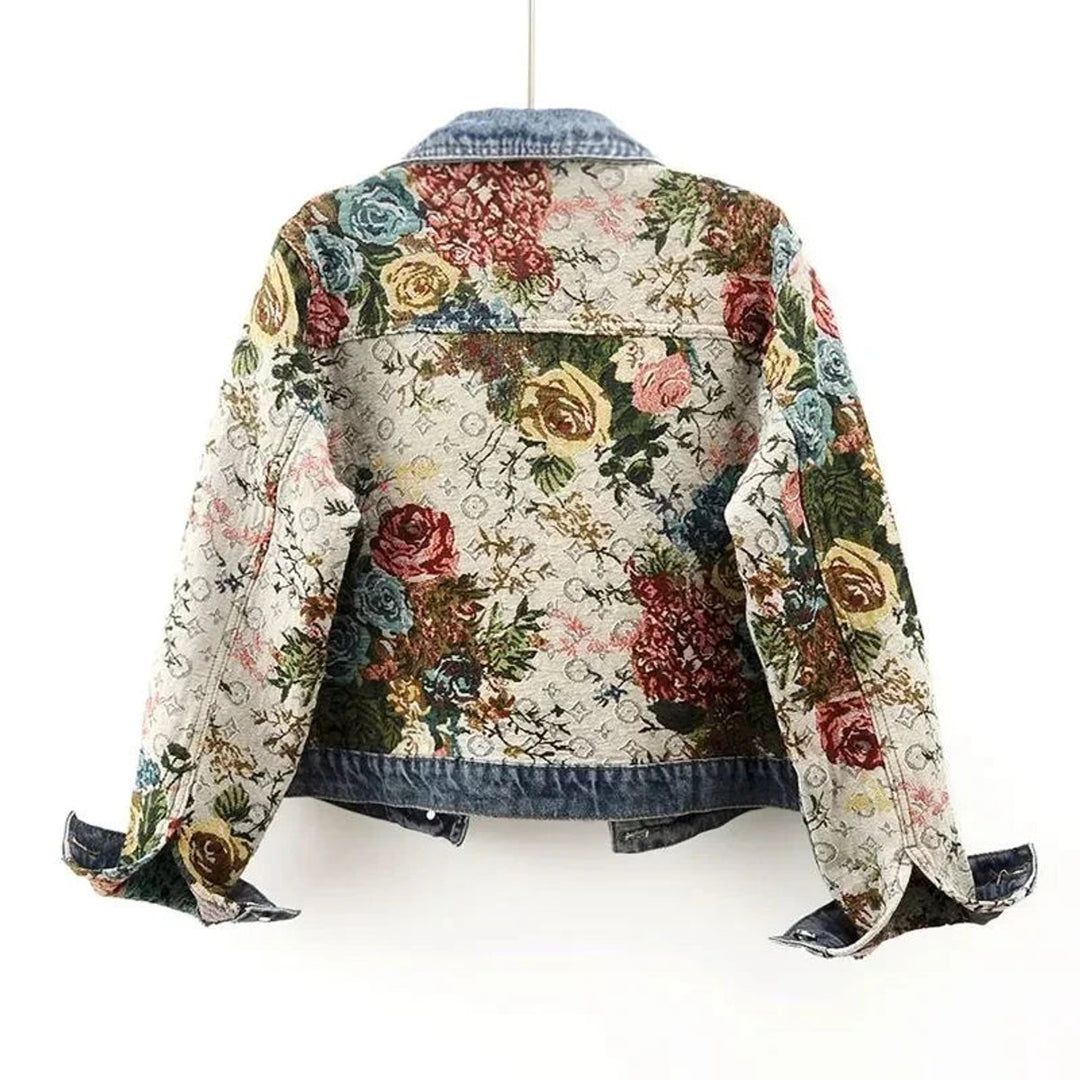 Women's Floral-Print Relaxed-Fit Single-Breasted Denim Jacket