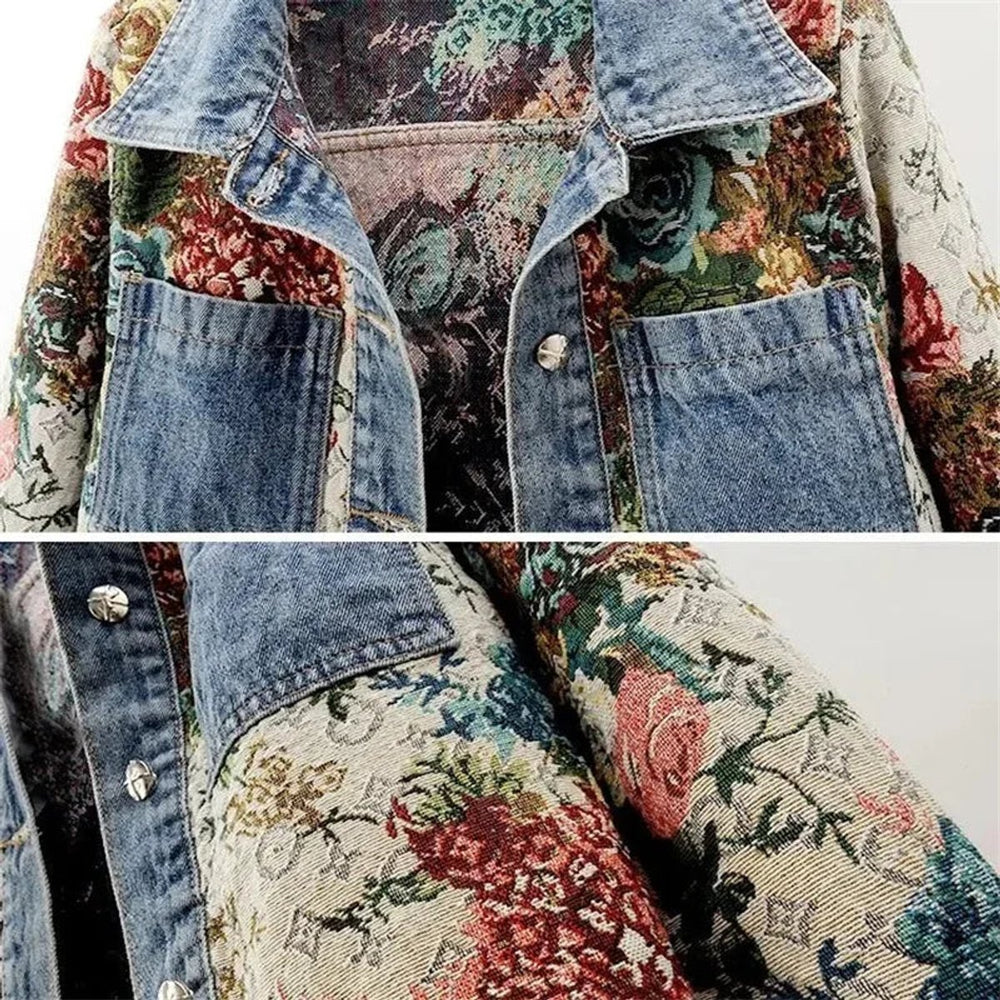 Women's Floral-Print Relaxed-Fit Single-Breasted Denim Jacket