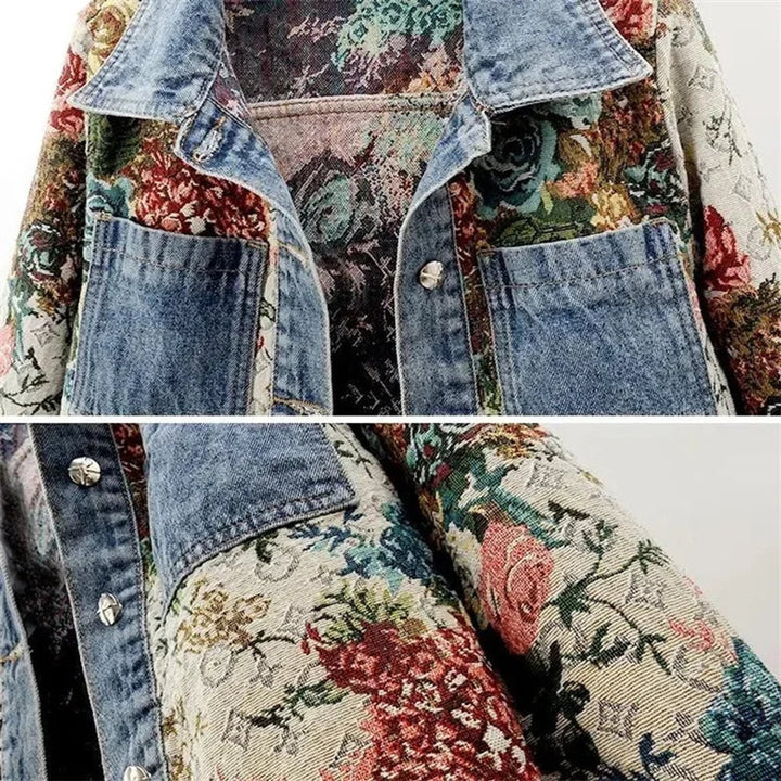 Women's Floral-Print Relaxed-Fit Single-Breasted Denim Jacket