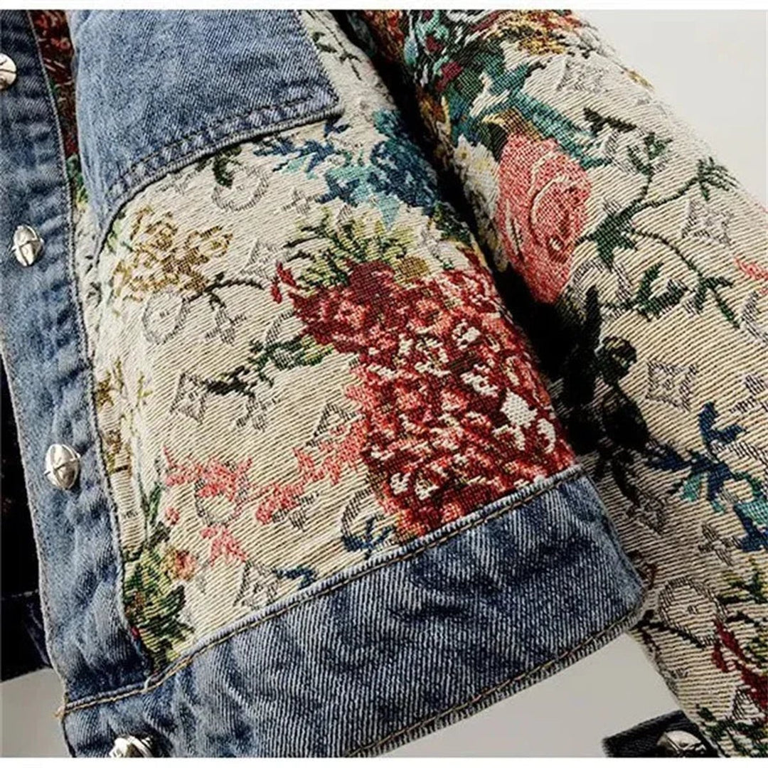 Women's Floral-Print Relaxed-Fit Single-Breasted Denim Jacket