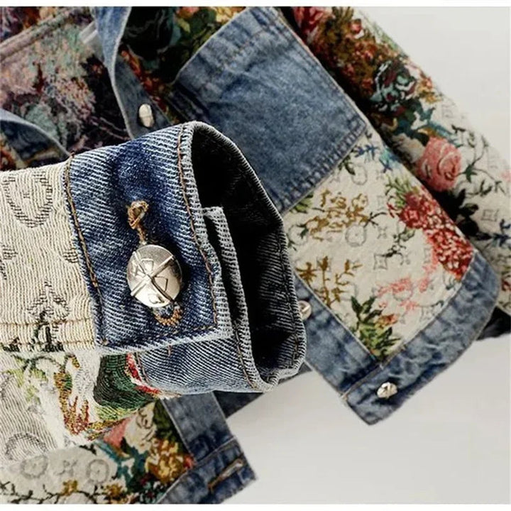 Women's Floral-Print Relaxed-Fit Single-Breasted Denim Jacket