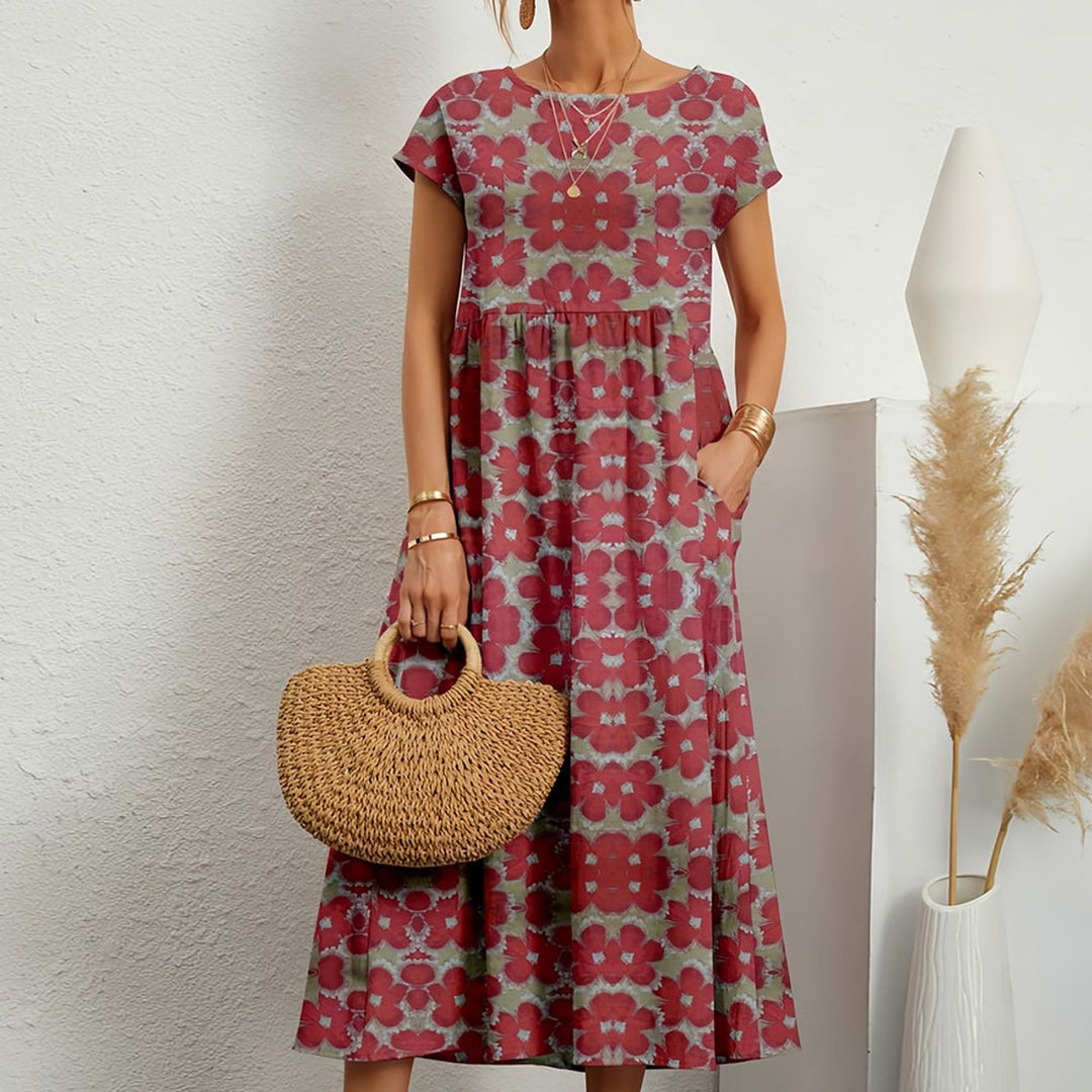 Women's Floral Print Smocked A-Line Short Sleeve Fall Midi Dress
