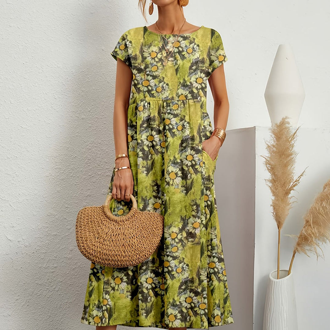 Women's Floral Print Smocked A-Line Short Sleeve Fall Midi Dress