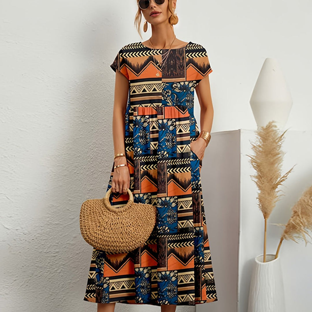 Women's Floral Print Smocked A-Line Short Sleeve Fall Midi Dress