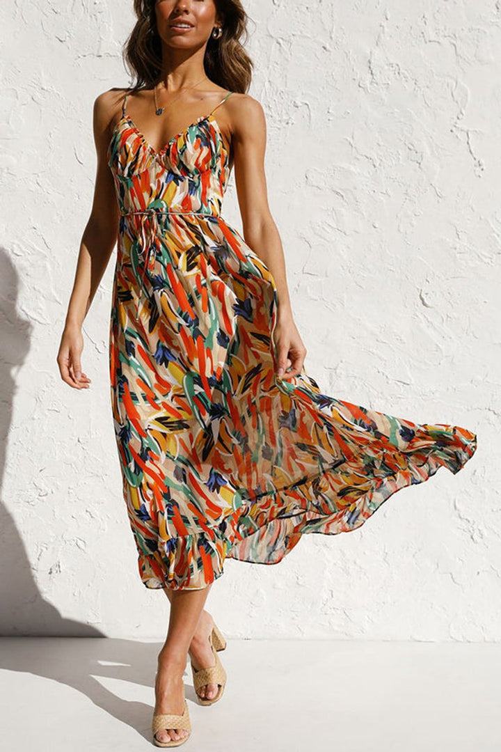 Women's Floral Print Spaghetti Strap Fall Midi Dress V-Neck Open Back