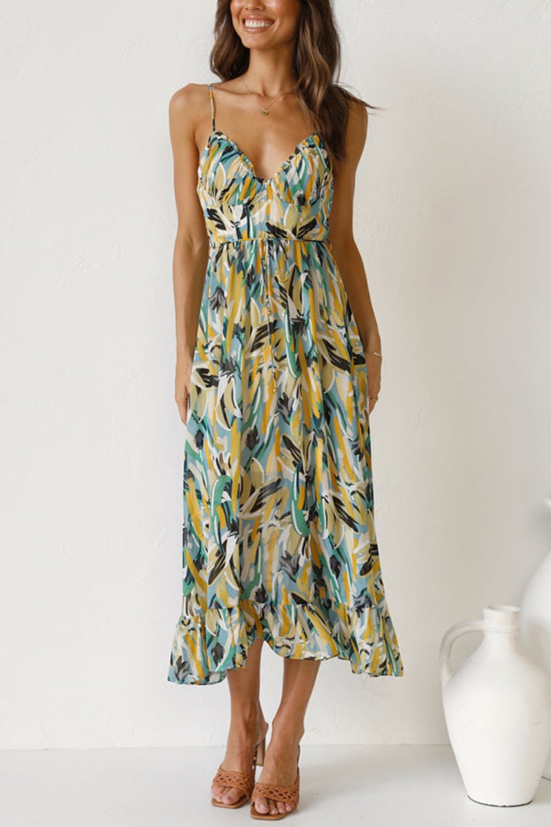 Women's Floral Print Spaghetti Strap Fall Midi Dress V-Neck Open Back