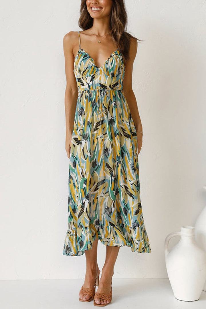 Women's Floral Print Spaghetti Strap Fall Midi Dress V-Neck Open Back