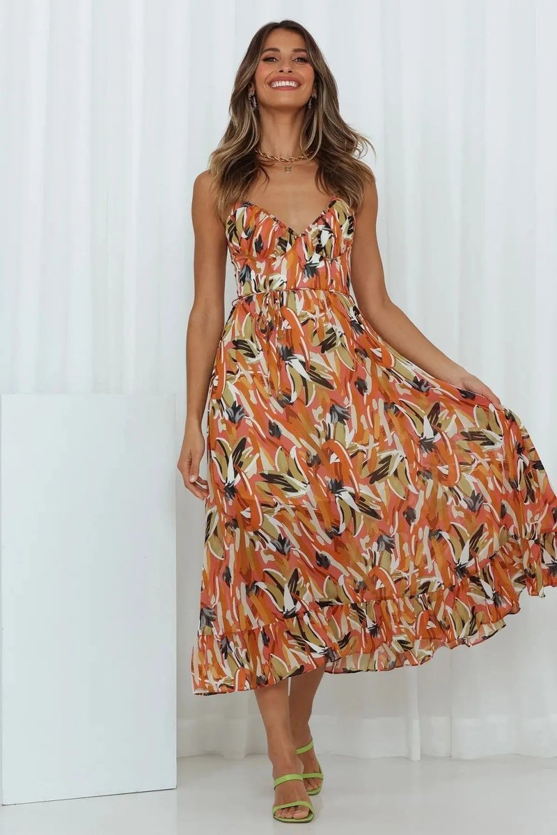 Women's Floral Print Spaghetti Strap Fall Midi Dress V-Neck Open Back