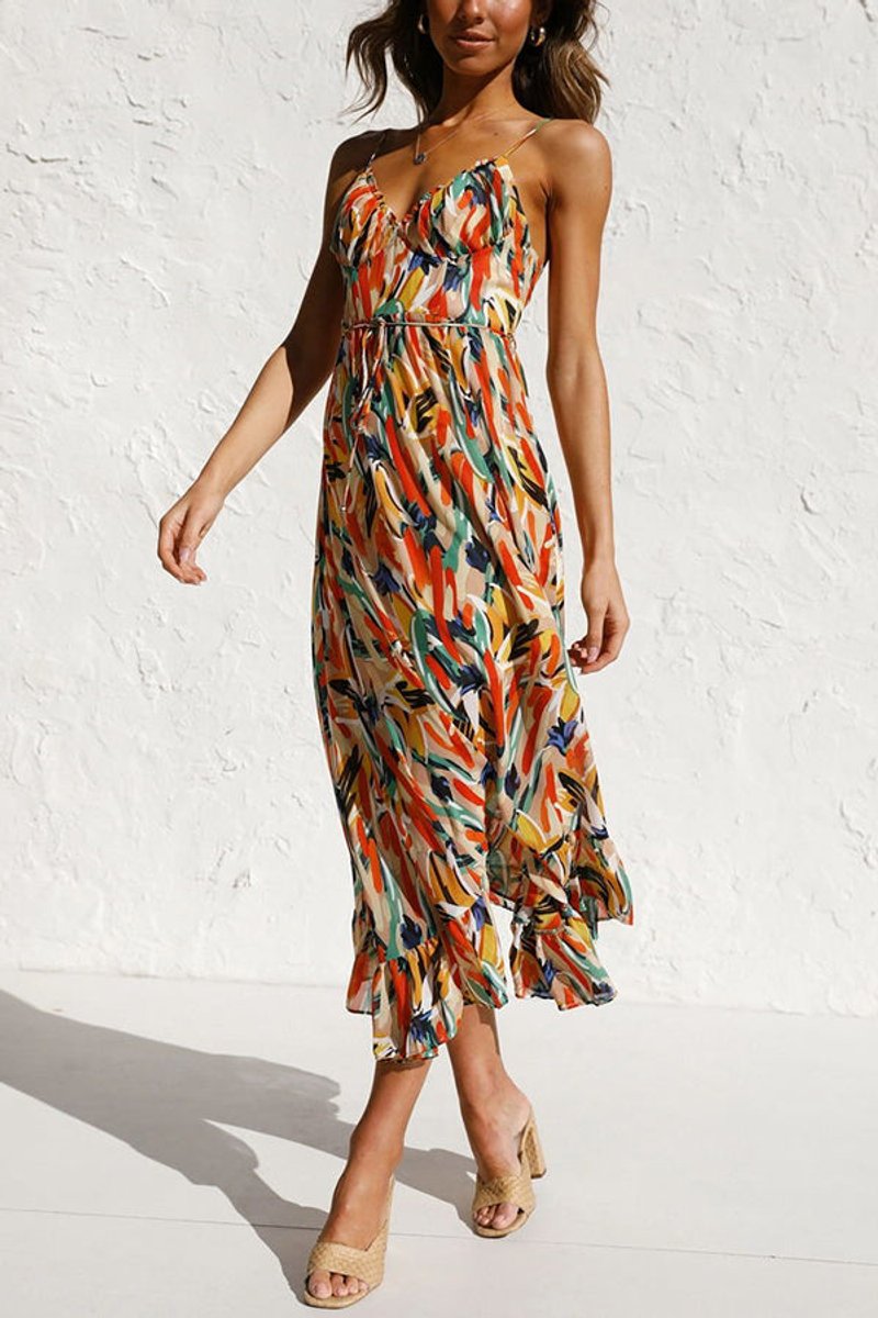 Women's Floral Print Spaghetti Strap Fall Midi Dress V-Neck Open Back