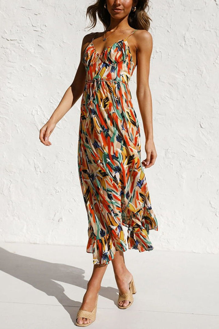 Women's Floral Print Spaghetti Strap Fall Midi Dress V-Neck Open Back