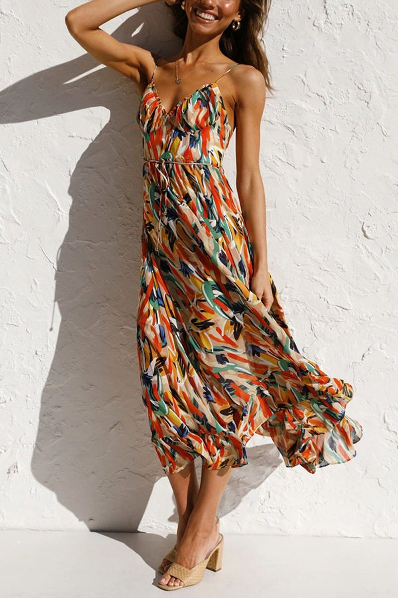 Women's Floral Print Spaghetti Strap Fall Midi Dress V-Neck Open Back