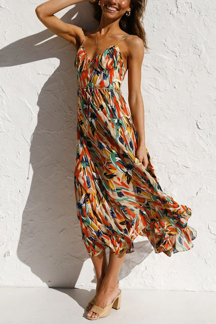 Women's Floral Print Spaghetti Strap Fall Midi Dress V-Neck Open Back