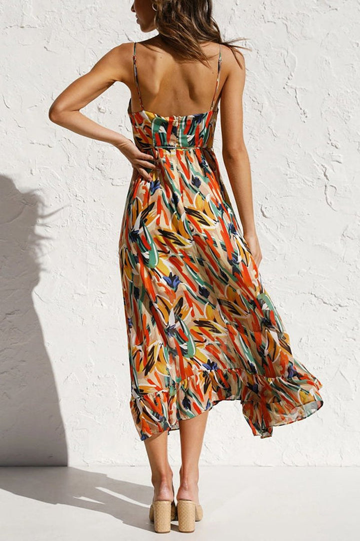 Women's Floral Print Spaghetti Strap Fall Midi Dress V-Neck Open Back