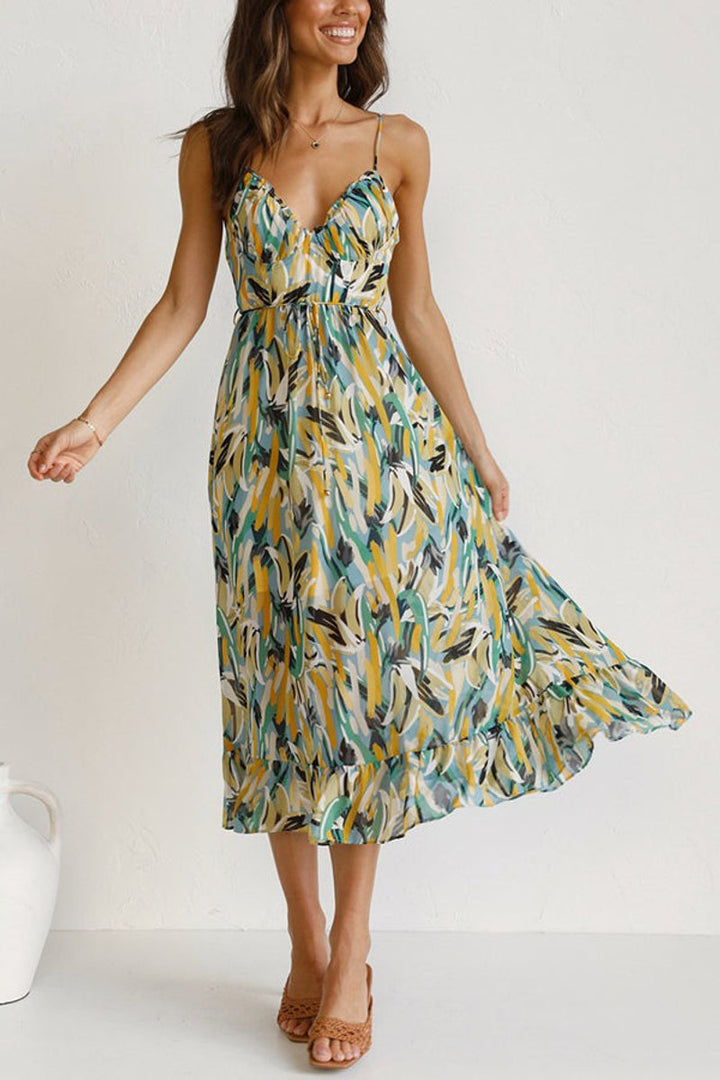 Women's Floral Print Spaghetti Strap Fall Midi Dress V-Neck Open Back