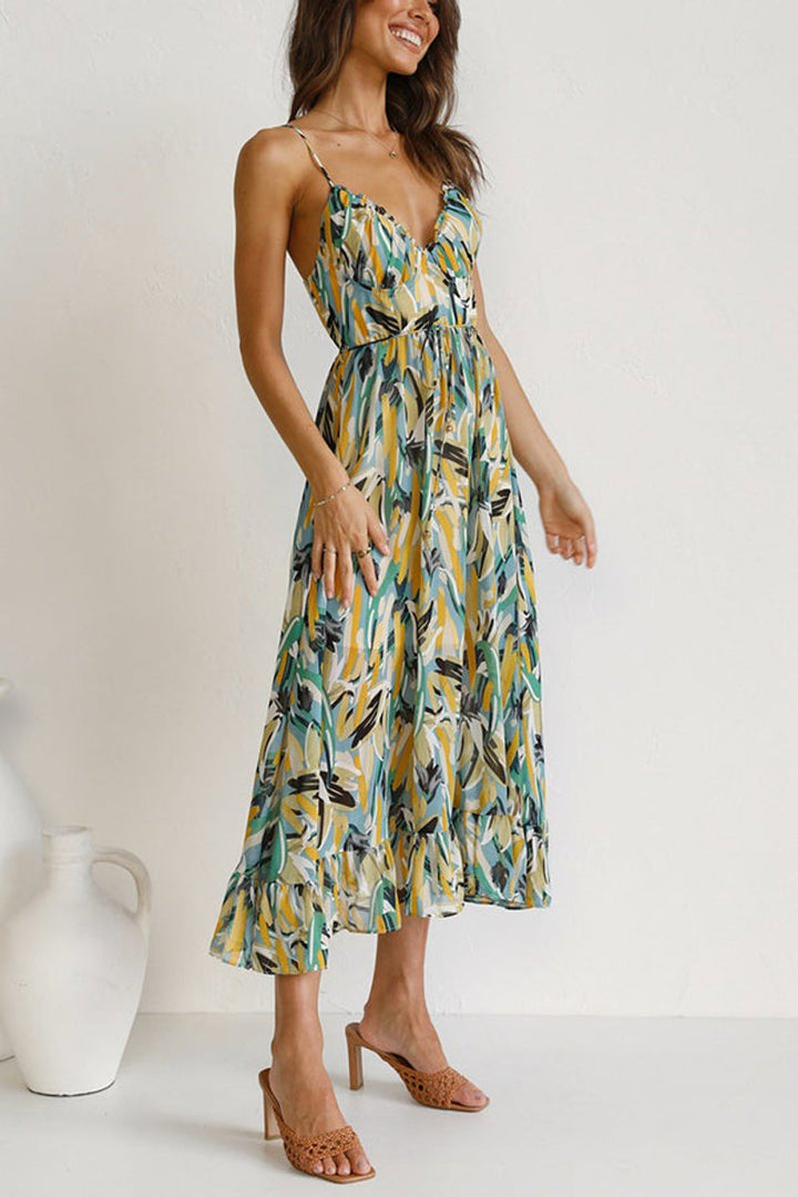 Women's Floral Print Spaghetti Strap Fall Midi Dress V-Neck Open Back
