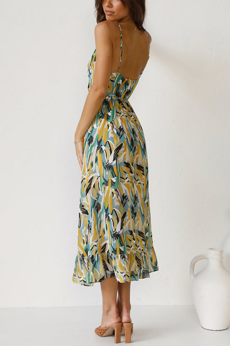 Women's Floral Print Spaghetti Strap Fall Midi Dress V-Neck Open Back