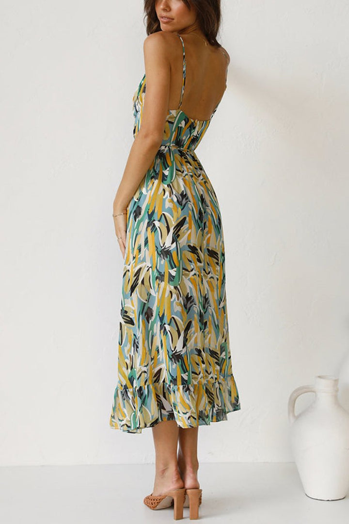 Women's Floral Print Spaghetti Strap Fall Midi Dress V-Neck Open Back