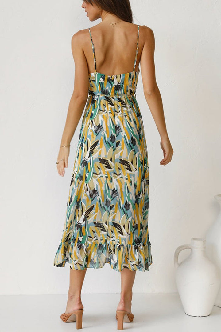 Women's Floral Print Spaghetti Strap Fall Midi Dress V-Neck Open Back