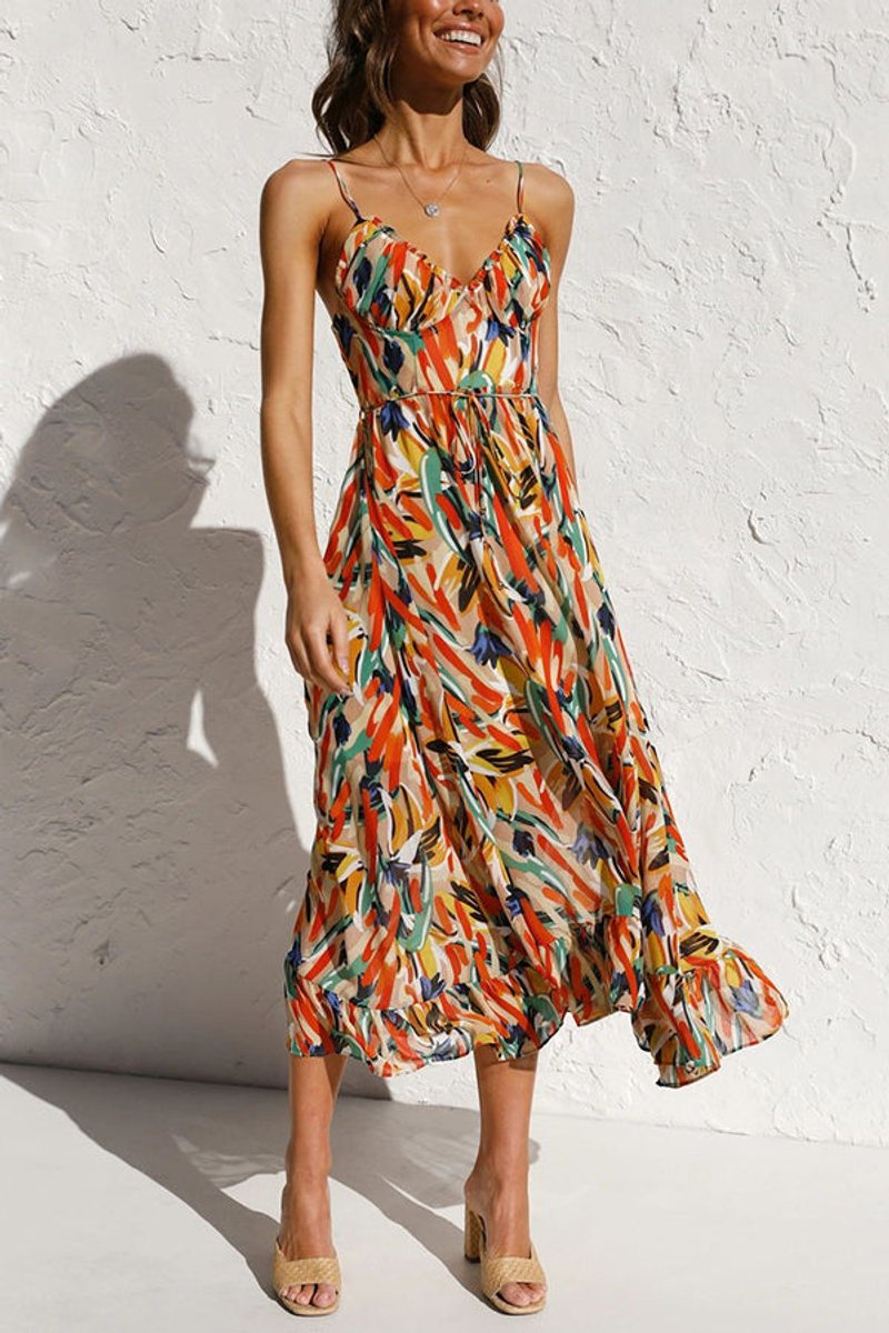 Women's Floral Print Spaghetti Strap Fall Midi Dress V-Neck Open Back