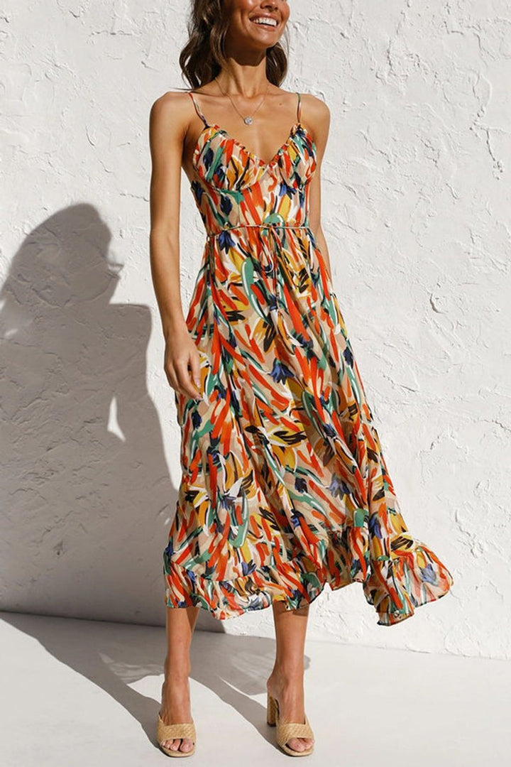Women's Floral Print Spaghetti Strap Fall Midi Dress V-Neck Open Back