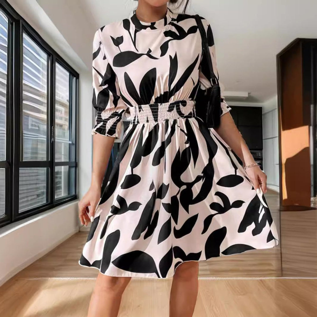 Women's Floral Print Three-Quarter Sleeve Fall Midi Dress Smocked Waist