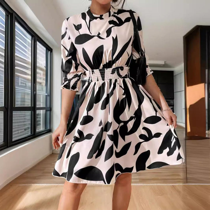 Women's Floral Print Three-Quarter Sleeve Fall Midi Dress Smocked Waist