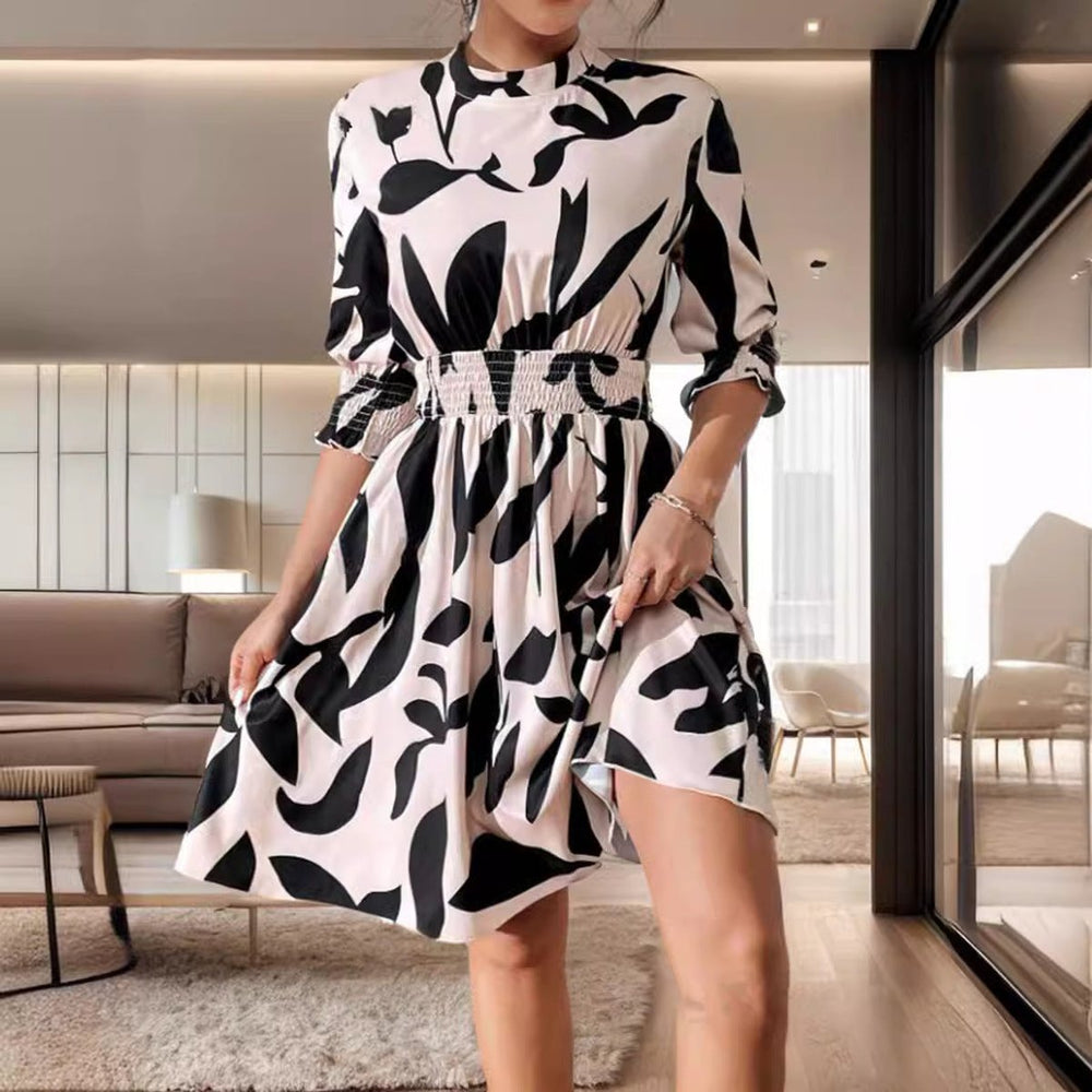 Women's Floral Print Three-Quarter Sleeve Fall Midi Dress Smocked Waist