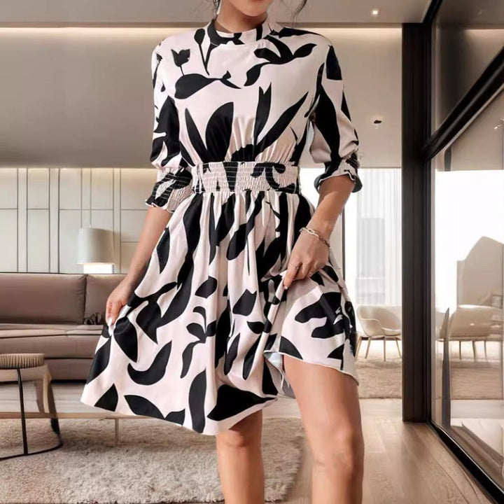 Women's Floral Print Three-Quarter Sleeve Fall Midi Dress Smocked Waist