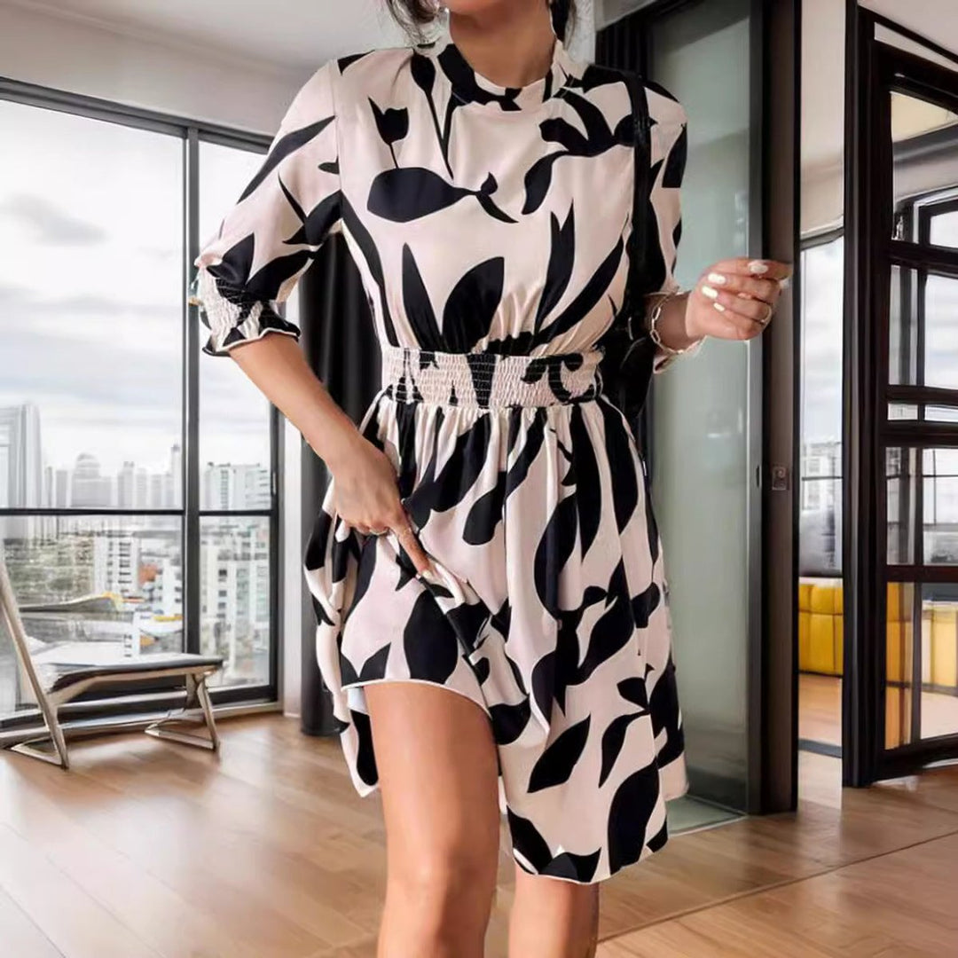 Women's Floral Print Three-Quarter Sleeve Fall Midi Dress Smocked Waist