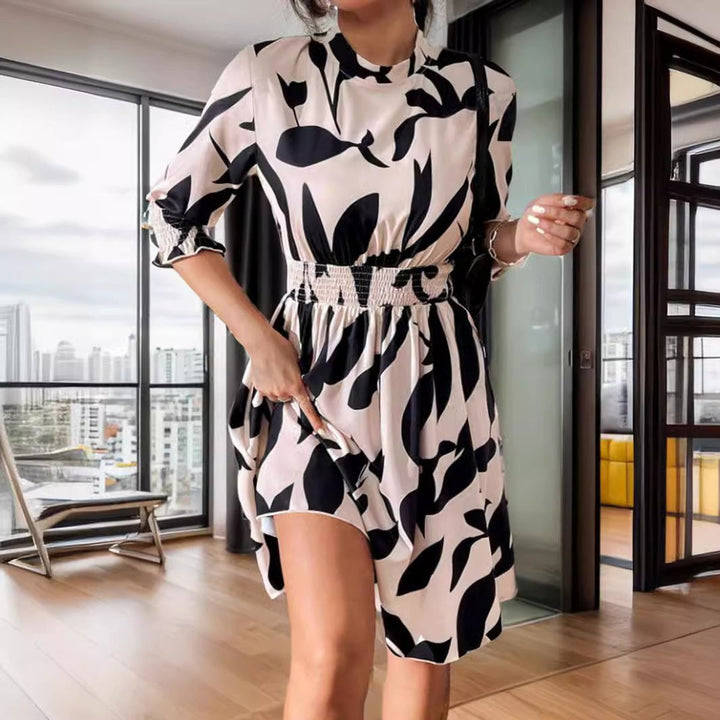 Women's Floral Print Three-Quarter Sleeve Fall Midi Dress Smocked Waist