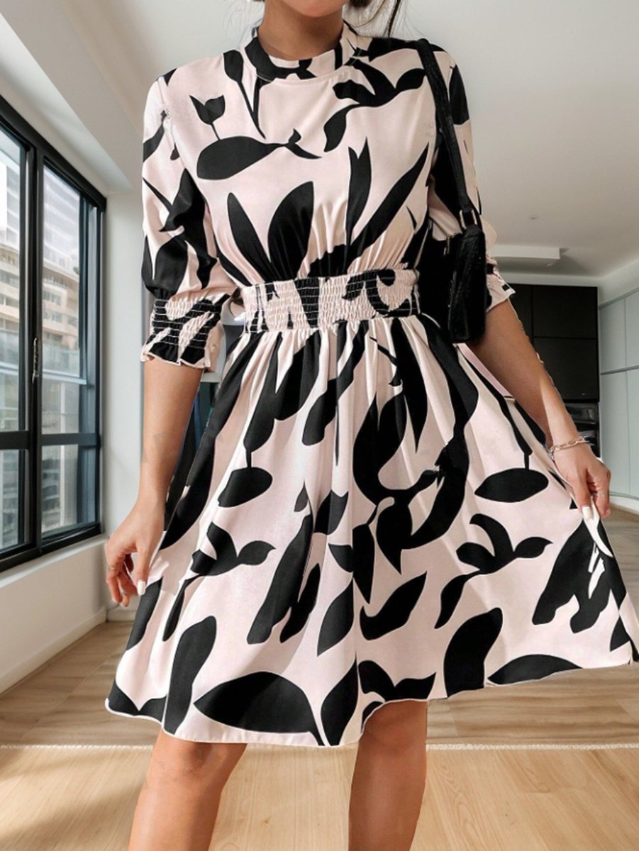 Women's Floral Print Three-Quarter Sleeve Fall Midi Dress Smocked Waist
