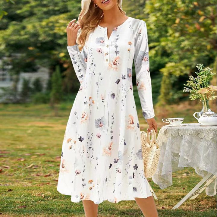 Women's Floral Print V-Neck Button Long Sleeve Fall Midi Dress