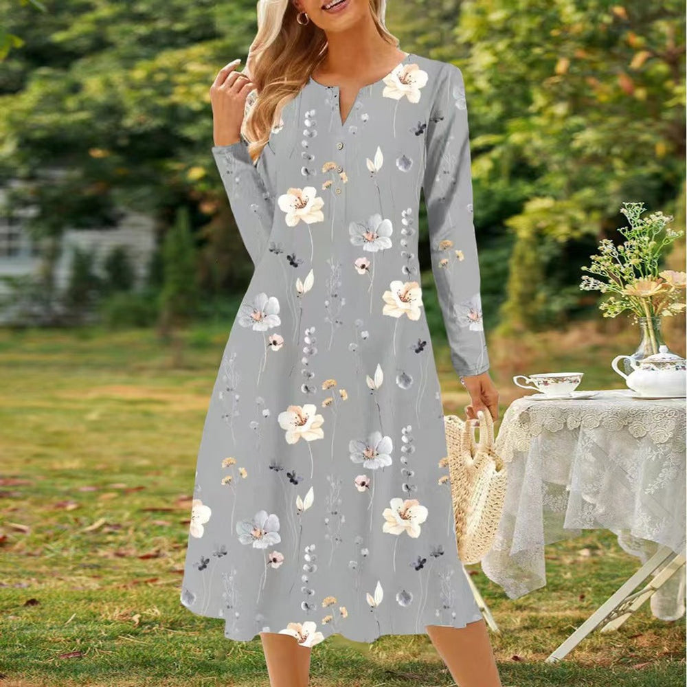 Women's Floral Print V-Neck Button Long Sleeve Fall Midi Dress