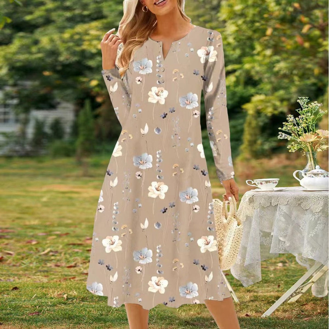 Women's Floral Print V-Neck Button Long Sleeve Fall Midi Dress