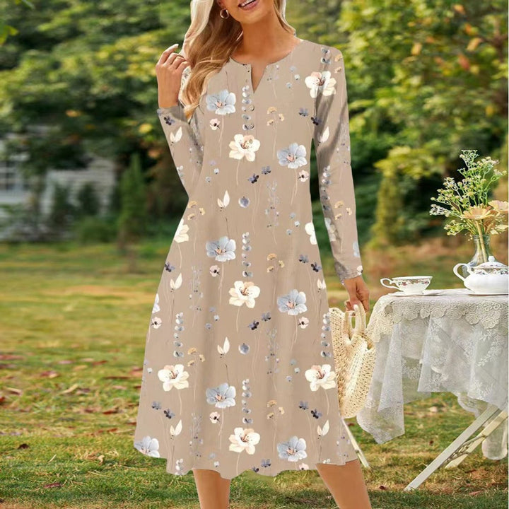 Women's Floral Print V-Neck Button Long Sleeve Fall Midi Dress