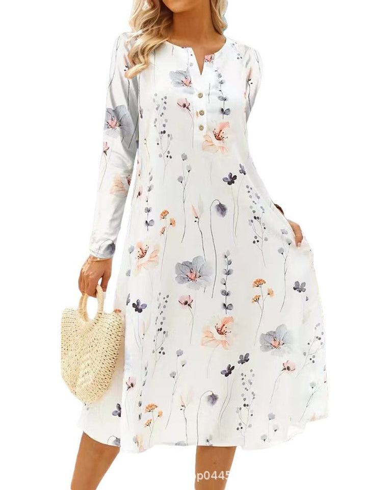 Women's Floral Print V-Neck Button Long Sleeve Fall Midi Dress