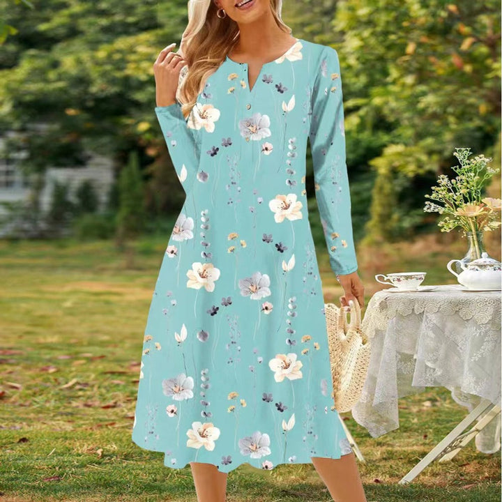 Women's Floral Print V-Neck Button Long Sleeve Fall Midi Dress