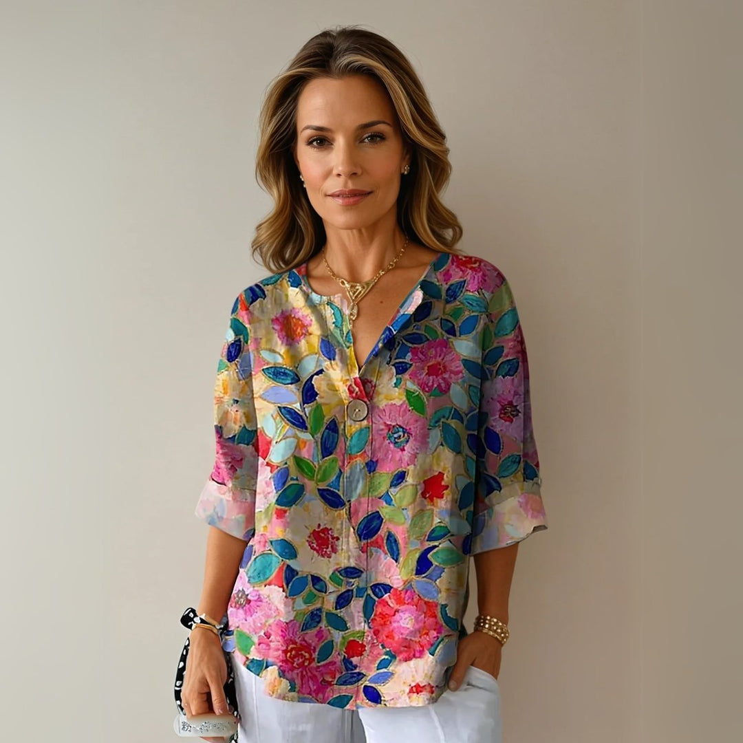Women's Floral Print V-Neck Half-Sleeve Casual Blouse Top