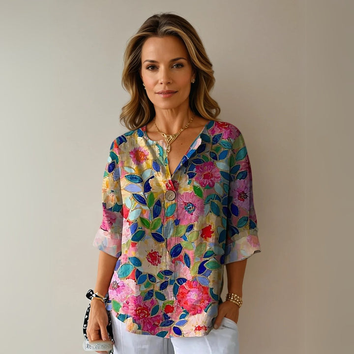 Women's Floral Print V-Neck Half-Sleeve Casual Blouse Top