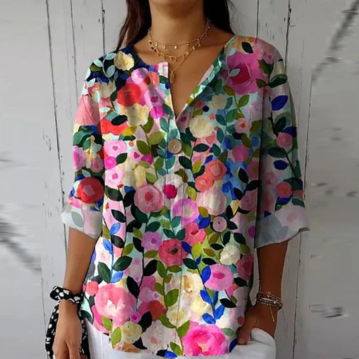 Women's Floral Print V-Neck Half-Sleeve Casual Blouse Top