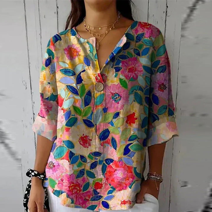 Women's Floral Print V-Neck Half-Sleeve Casual Blouse Top