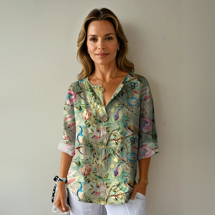 Women's Floral Print V-Neck Half-Sleeve Casual Blouse Top